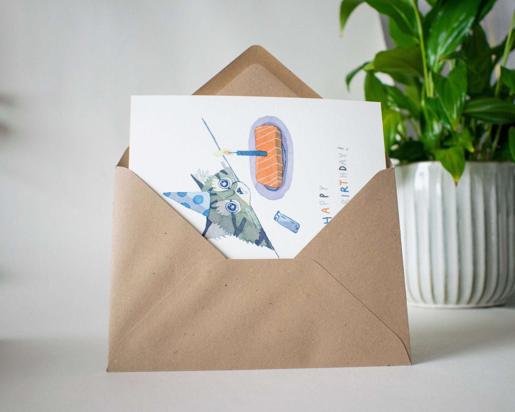 Happy Birthday Cat Card | Greeting Card of original watercolor painting for Birthday, kids and childrens 1st Birthday