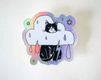 Rain Cloud Cat - Light mode | Holographic Vinyl Stickers of a grumpy Tuxedo Cat in a rain cloud costume