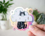 Rain Cloud Cat - Light mode | Holographic Vinyl Stickers of a grumpy Tuxedo Cat in a rain cloud costume