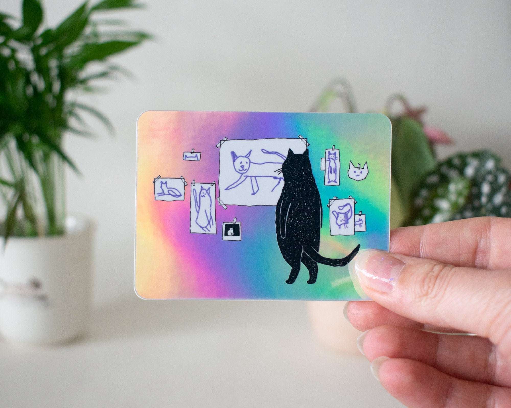 Gallery Cat Sticker | Holographic Stickers, Cat Stickers, Vaporwave Stickers, Kawaii Sticker, Water Bottle Sticker, Laptop Sticker,