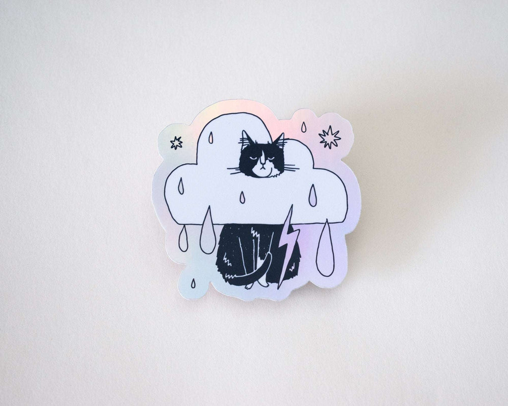 Rain Cloud Cat - Light mode | Holographic Vinyl Stickers of a grumpy Tuxedo Cat in a rain cloud costume