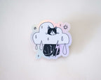 Rain Cloud Cat - Light mode | Holographic Vinyl Stickers of a grumpy Tuxedo Cat in a rain cloud costume