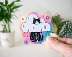 Rain Cloud Cat - Light mode | Holographic Vinyl Stickers of a grumpy Tuxedo Cat in a rain cloud costume