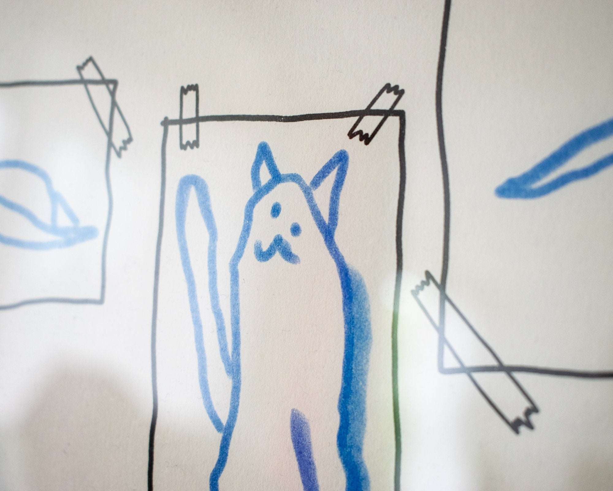 Cat gallery A2 Risograph poster | Illustration in black and cornflower blue of a cat judging minimalistic cat art