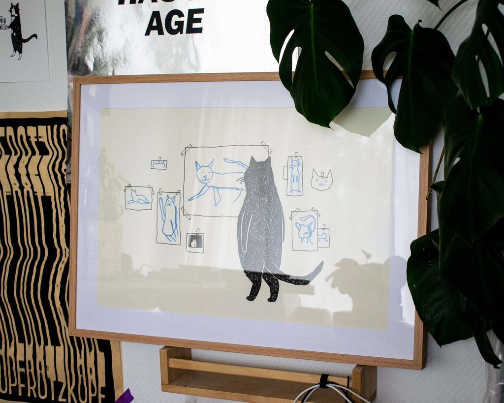 Cat gallery A2 Risograph poster | Illustration in black and cornflower blue of a cat judging minimalistic cat art