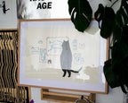 Cat gallery A2 Risograph poster | Illustration in black and cornflower blue of a cat judging minimalistic cat art