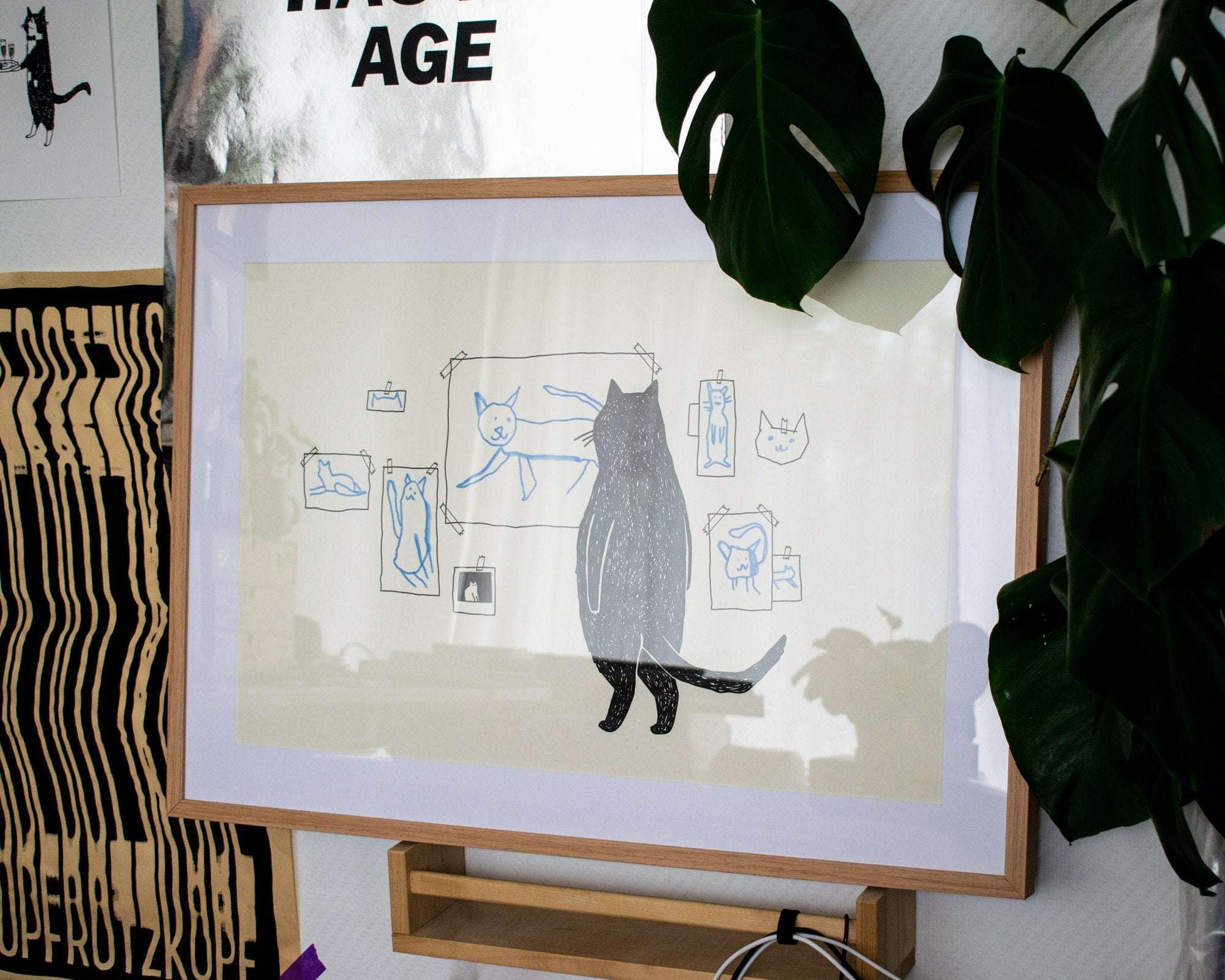 Cat gallery A2 Risograph poster | Illustration in black and cornflower blue of a cat judging minimalistic cat art