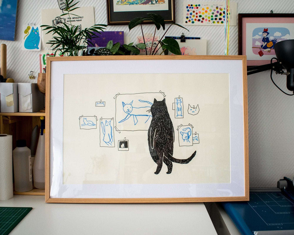 Cat gallery A2 Risograph poster | Illustration in black and cornflower blue of a cat judging minimalistic cat art
