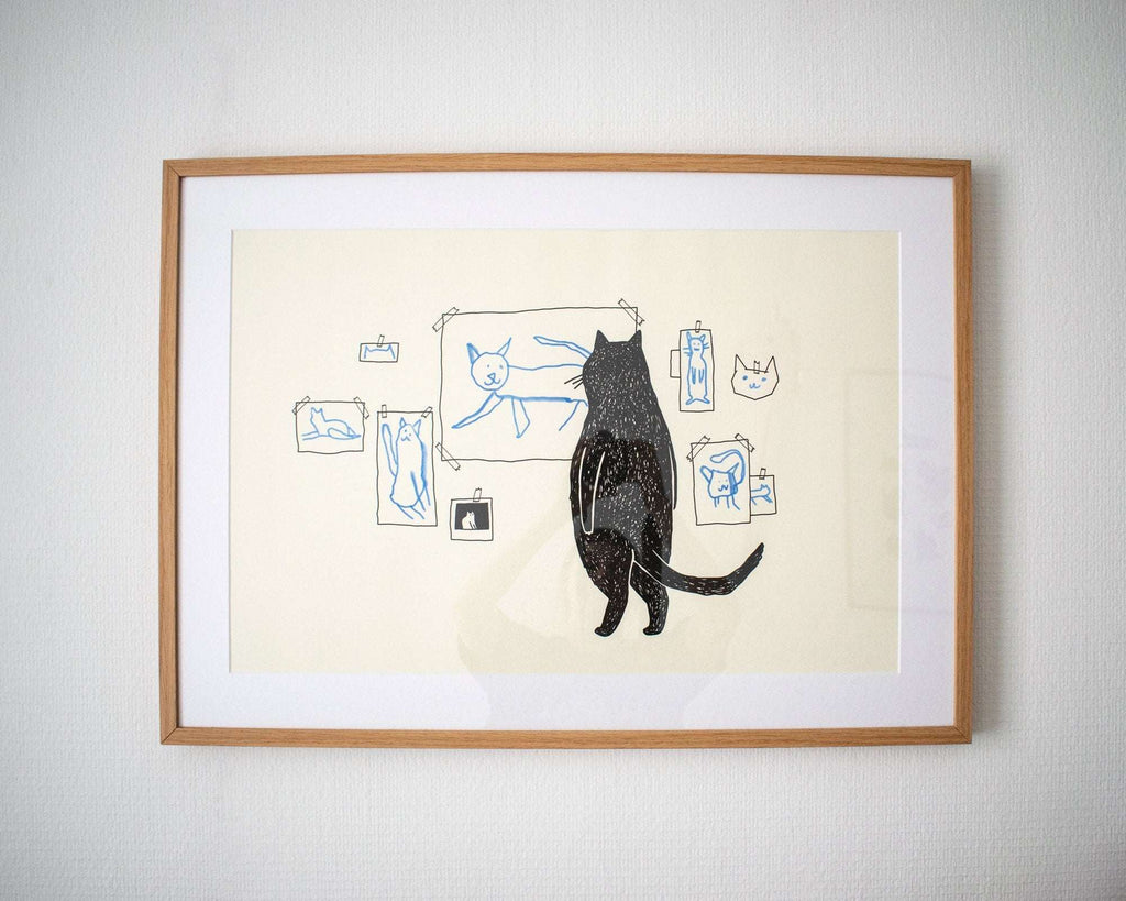 Cat gallery A2 Risograph poster | Illustration in black and cornflower blue of a cat judging minimalistic cat art