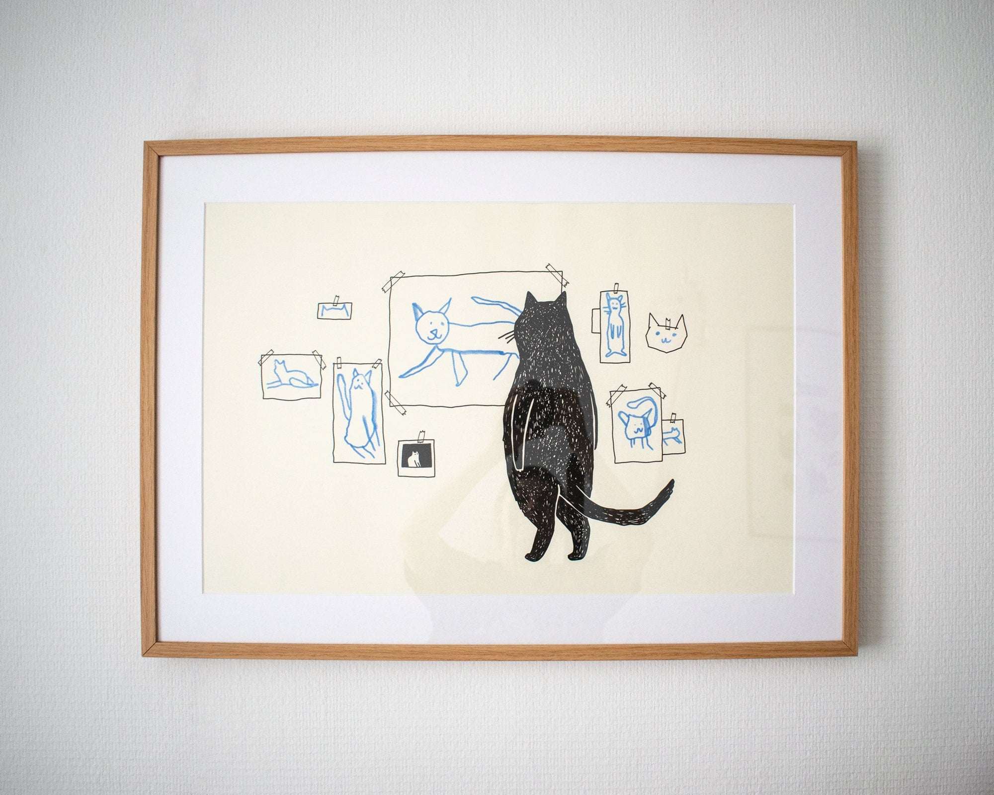 Cat gallery A2 Risograph poster | Illustration in black and cornflower blue of a cat judging minimalistic cat art