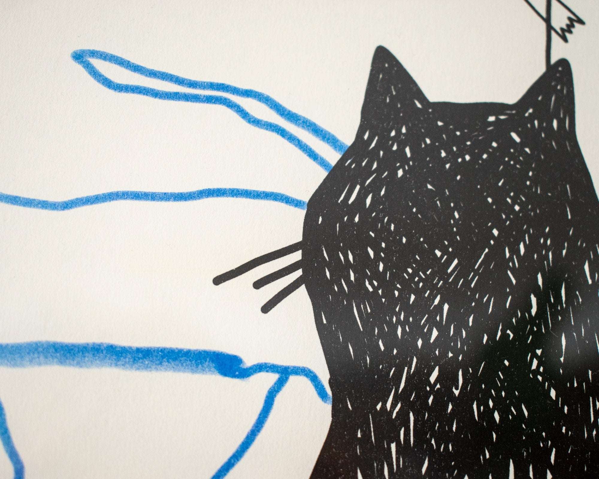 Cat gallery A2 Risograph poster | Illustration in black and cornflower blue of a cat judging minimalistic cat art