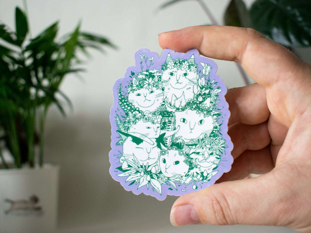 Cat Bouquet Sticker: Floral Crown Cats, White Vinyl Decal