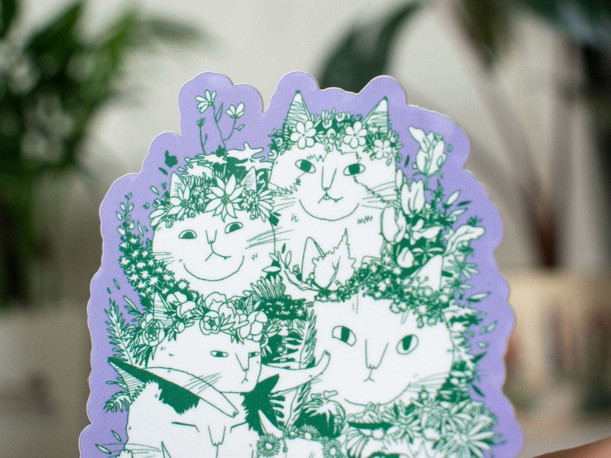 Cat Bouquet Sticker: Floral Crown Cats, White Vinyl Decal
