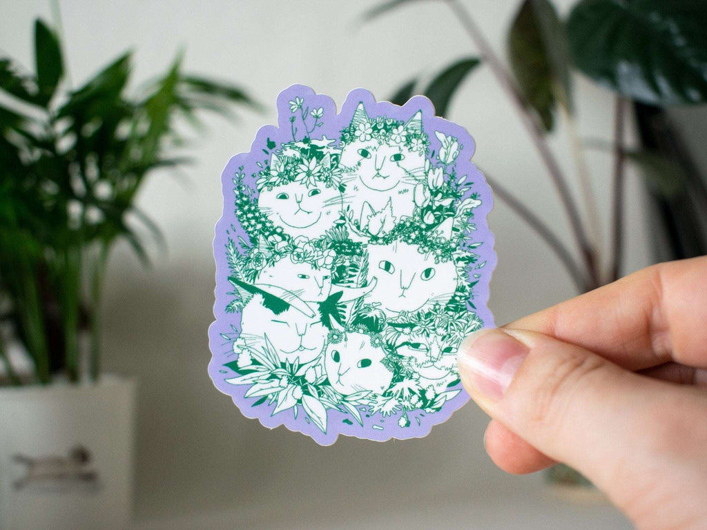 Cat Bouquet Sticker: Floral Crown Cats, White Vinyl Decal