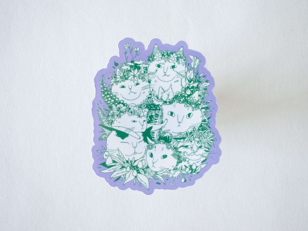 Cat Bouquet Sticker: Floral Crown Cats, White Vinyl Decal