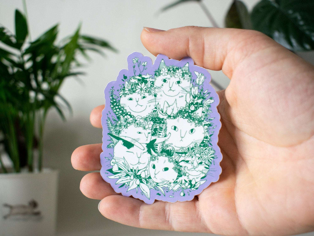 Cat Bouquet Sticker: Floral Crown Cats, White Vinyl Decal