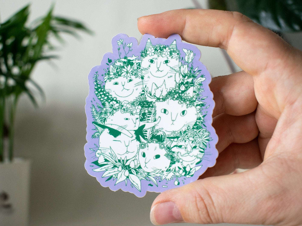 Cat Bouquet Sticker: Floral Crown Cats, White Vinyl Decal