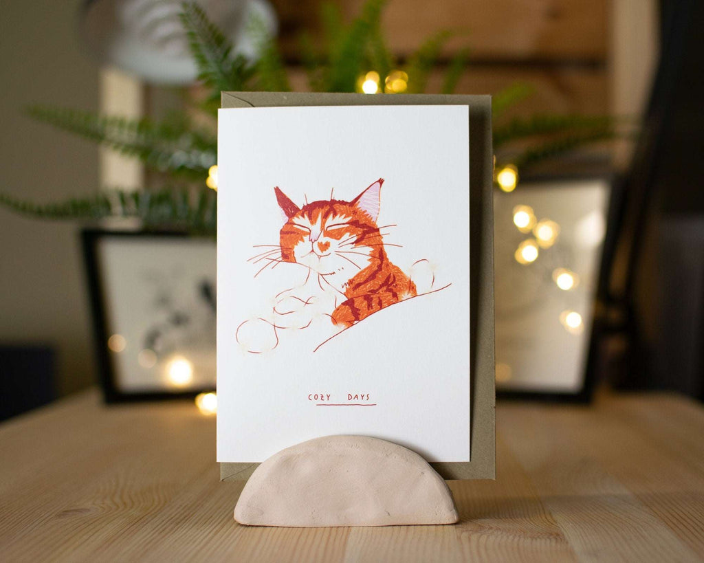 Cozy Days: Ginger Tabby Cat Christmas Card Illustration for holidays