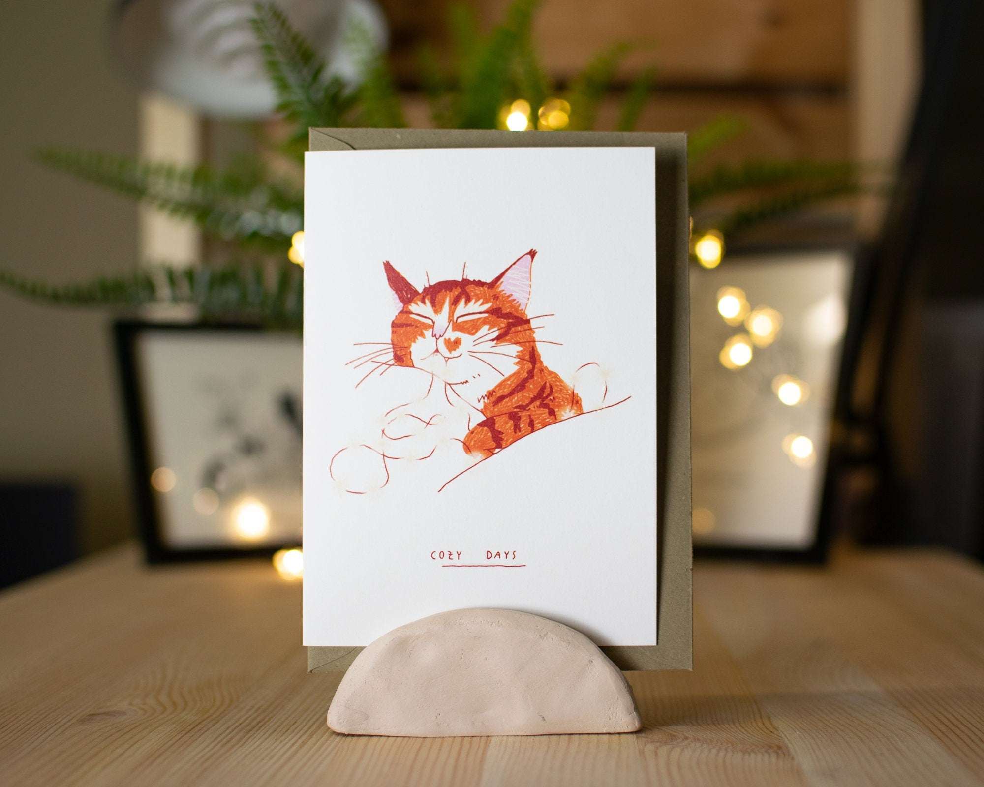Cozy Days: Ginger Tabby Cat Christmas Card Illustration for holidays