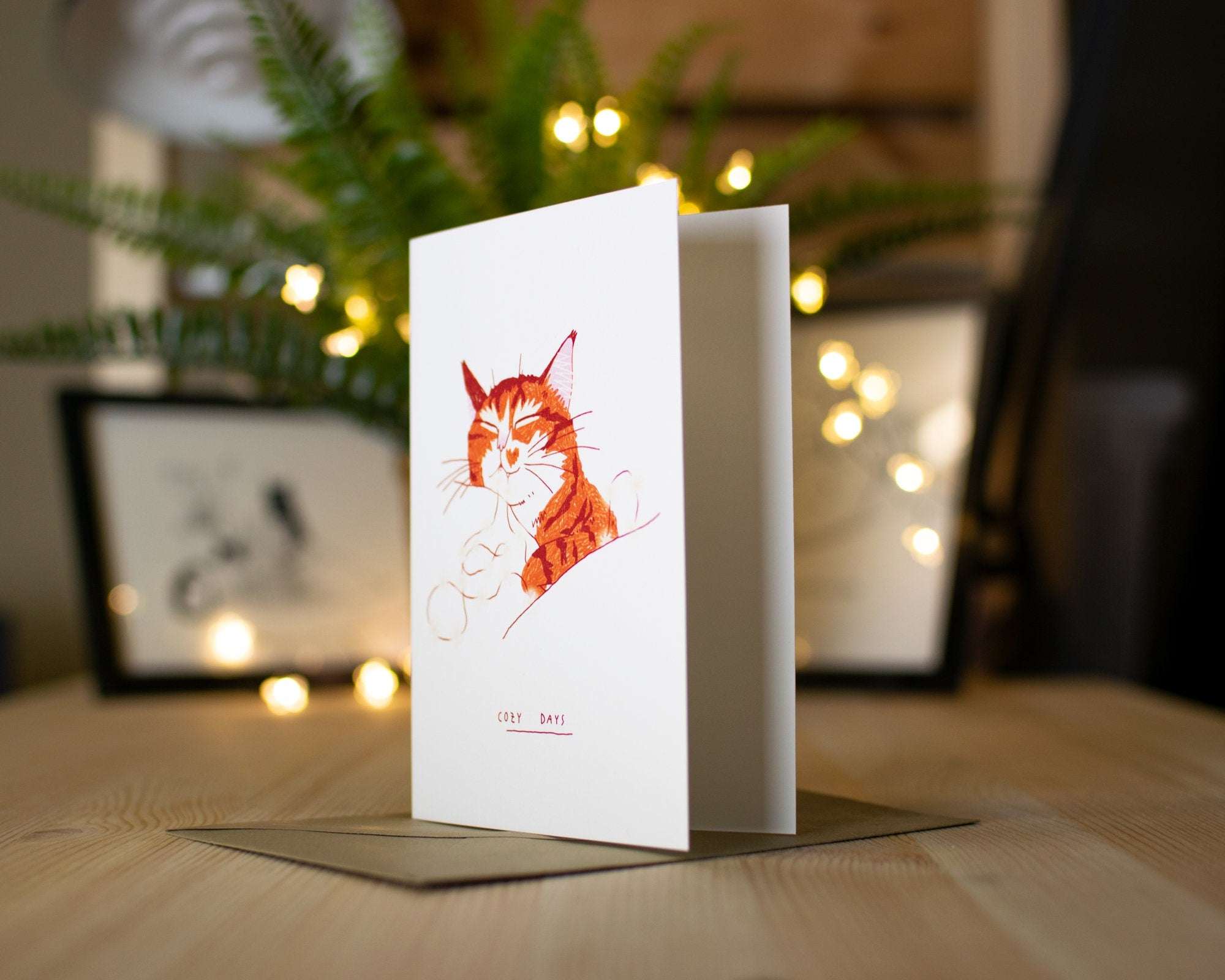 Cozy Days: Ginger Tabby Cat Christmas Card Illustration for holidays