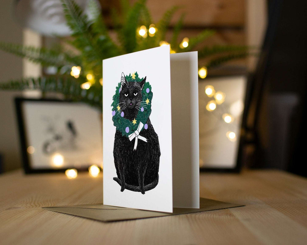 Funny Black Cat Christmas Card: Holly Blep Wreath Illustration