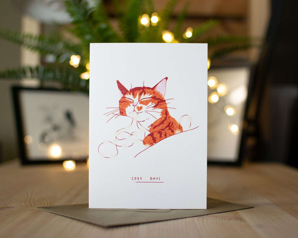 Cozy Days: Ginger Tabby Cat Christmas Card Illustration for holidays
