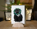 Funny Black Cat Christmas Card: Holly Blep Wreath Illustration