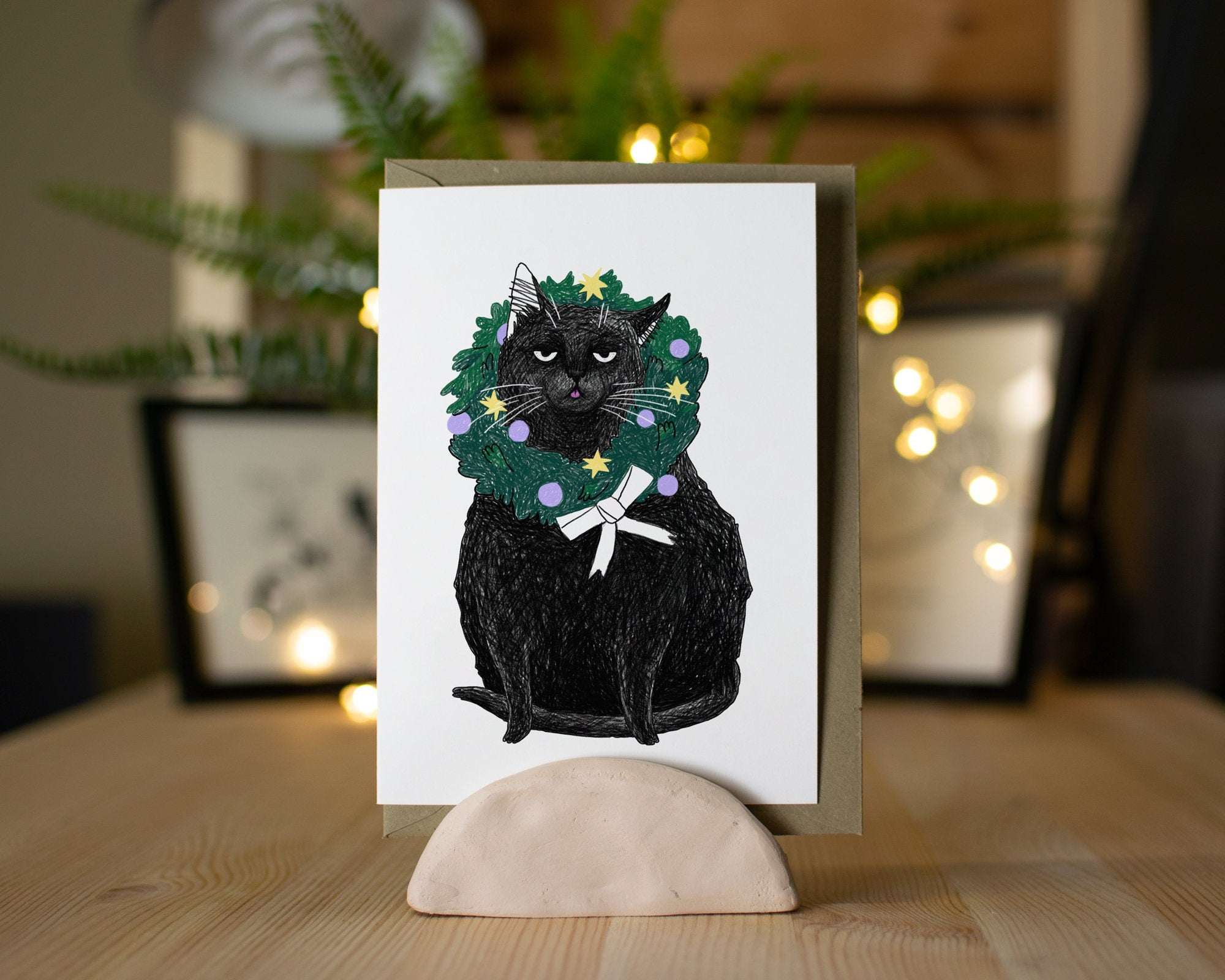 Funny Black Cat Christmas Card: Holly Blep Wreath Illustration