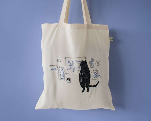 Gallery Cat | Cat Tote Bag, Organic Cotton Bag, Tote Bag, Reusable Tote Bag, Animal Tote, Fabric Tote Bag, Screen Print, Cat Illustration