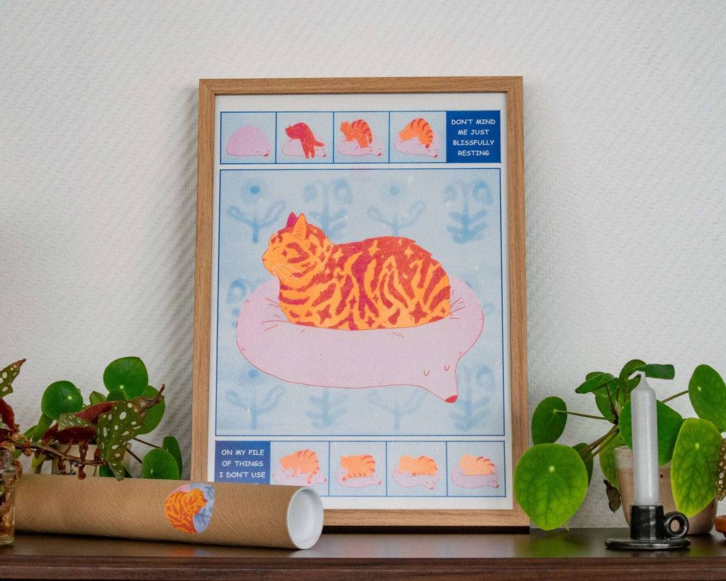 Tabby Cat Risograph Poster: Bliss Comic Illustration A3