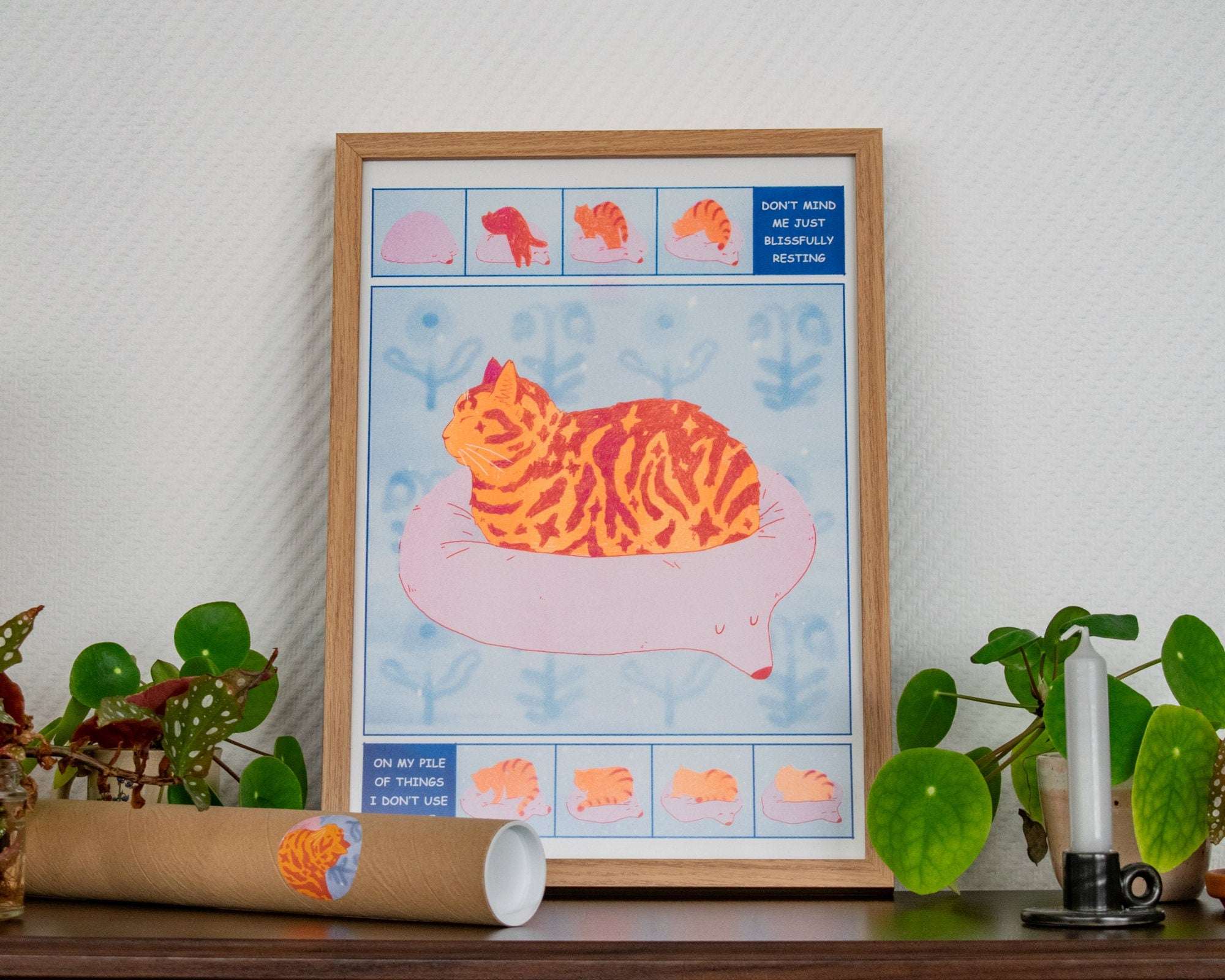 Tabby Cat Risograph Poster: Bliss Comic Illustration A3