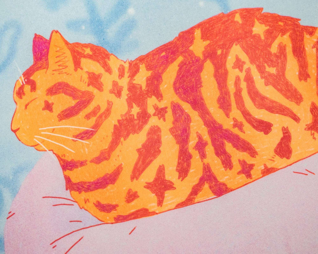 Tabby Cat Risograph Poster: Bliss Comic Illustration A3