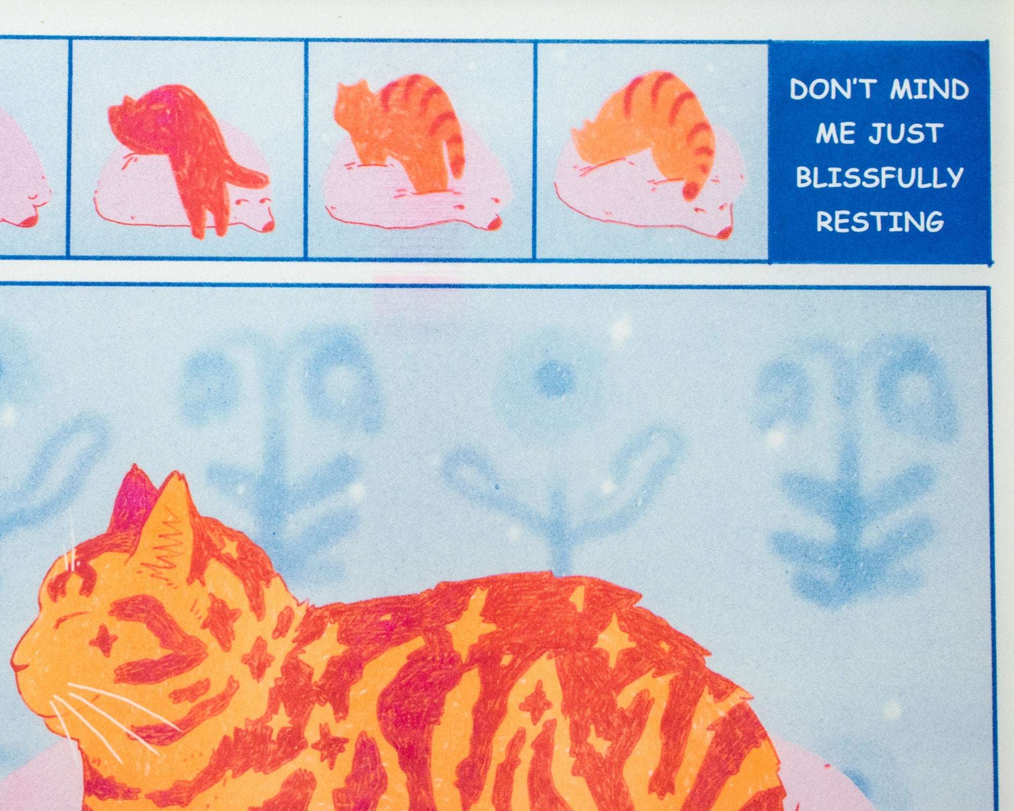 Tabby Cat Risograph Poster: Bliss Comic Illustration A3