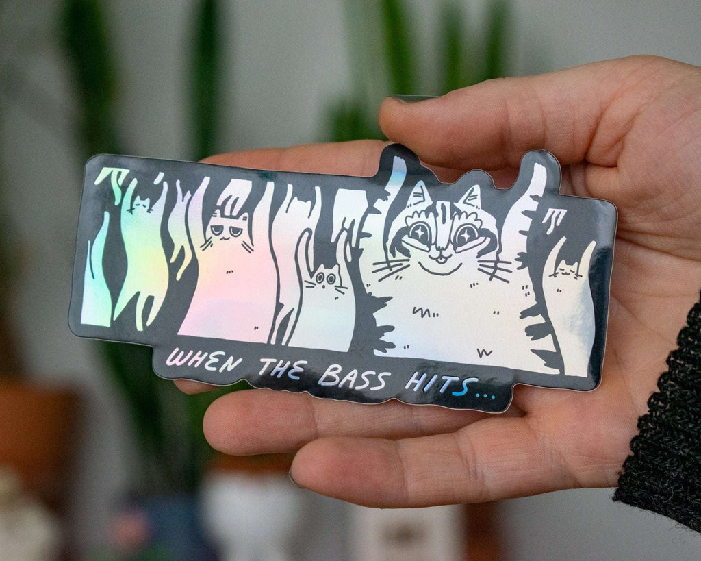 When the bass hits | Holographic Vinyl Stickers with illustration of cats raving for your water bottle, car, Laptop or as gift for DJs