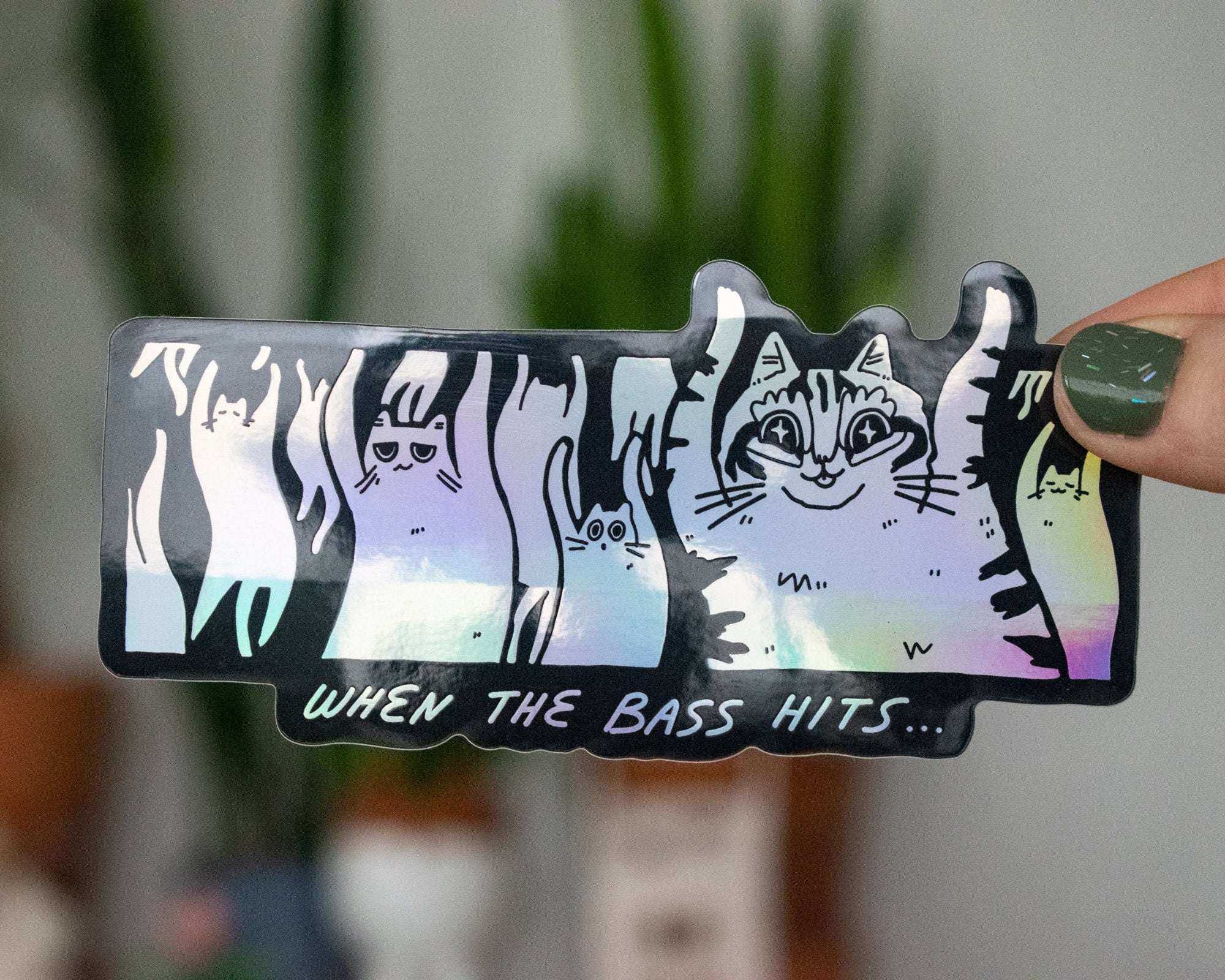 When the bass hits | Holographic Vinyl Stickers with illustration of cats raving for your water bottle, car, Laptop or as gift for DJs