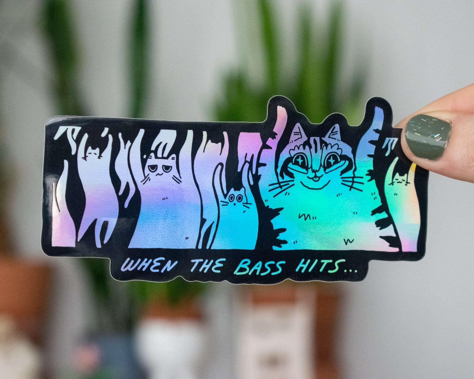 When the bass hits | Holographic Vinyl Stickers with illustration of cats raving for your water bottle, car, Laptop or as gift for DJs
