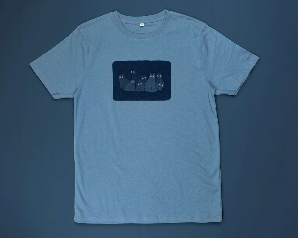 Reflecting cat eyes t-shirt | Hand screen printed on blue organic cotton tee with reflective ink