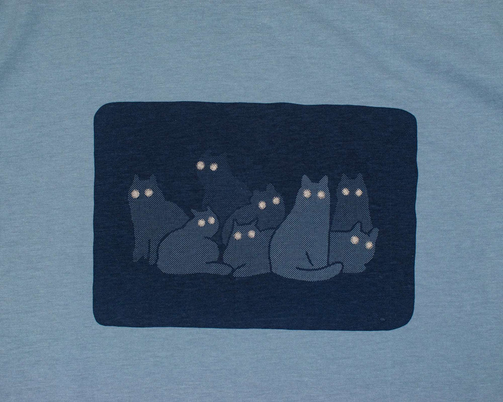 Reflecting cat eyes t-shirt | Hand screen printed on blue organic cotton tee with reflective ink