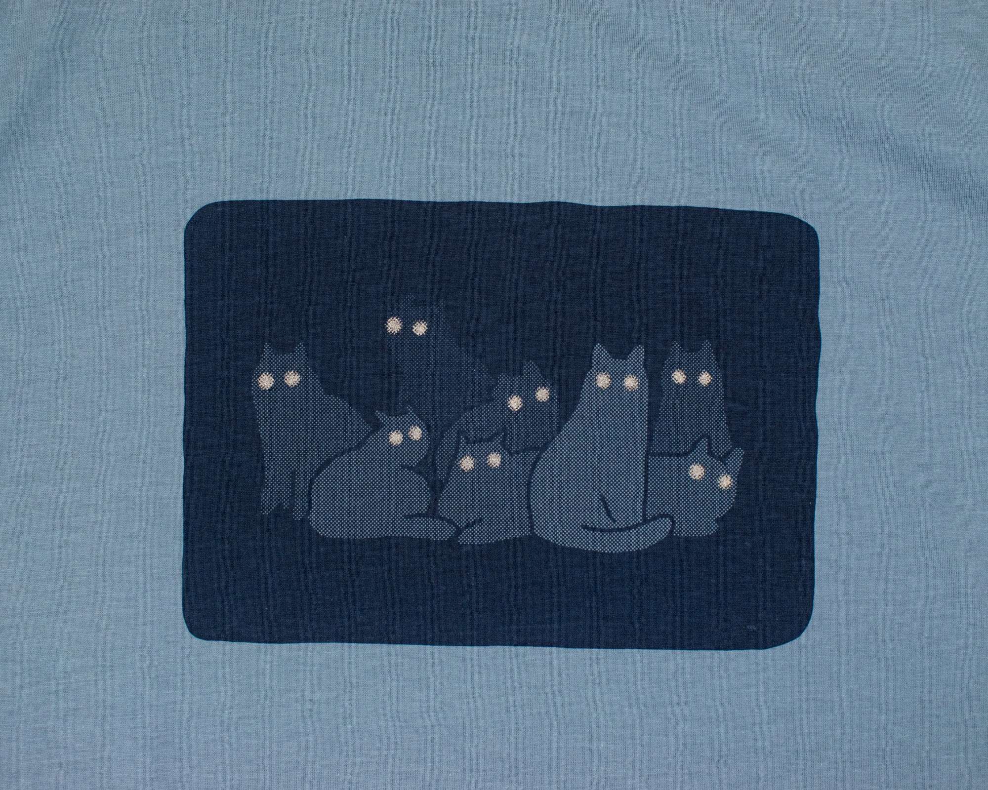 Reflecting cat eyes t-shirt | Hand screen printed on blue organic cotton tee with reflective ink