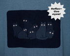 Reflecting cat eyes t-shirt | Hand screen printed on blue organic cotton tee with reflective ink