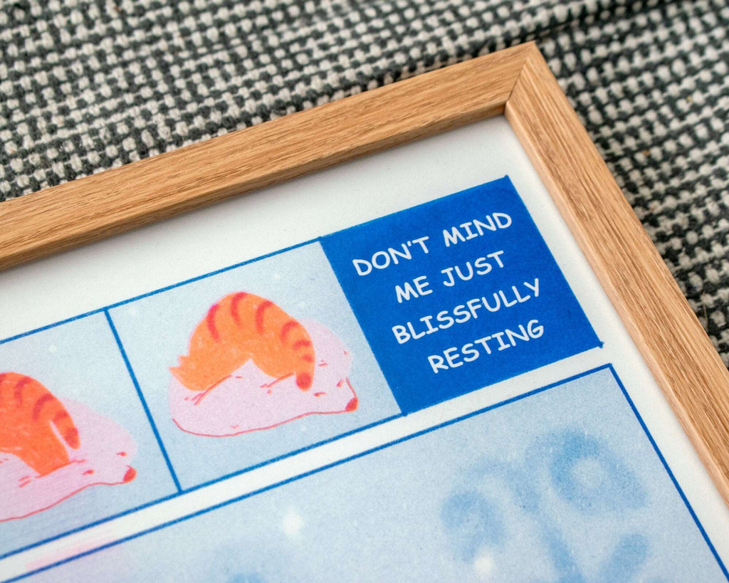 Tabby Cat Risograph Poster: Bliss Comic Illustration A3