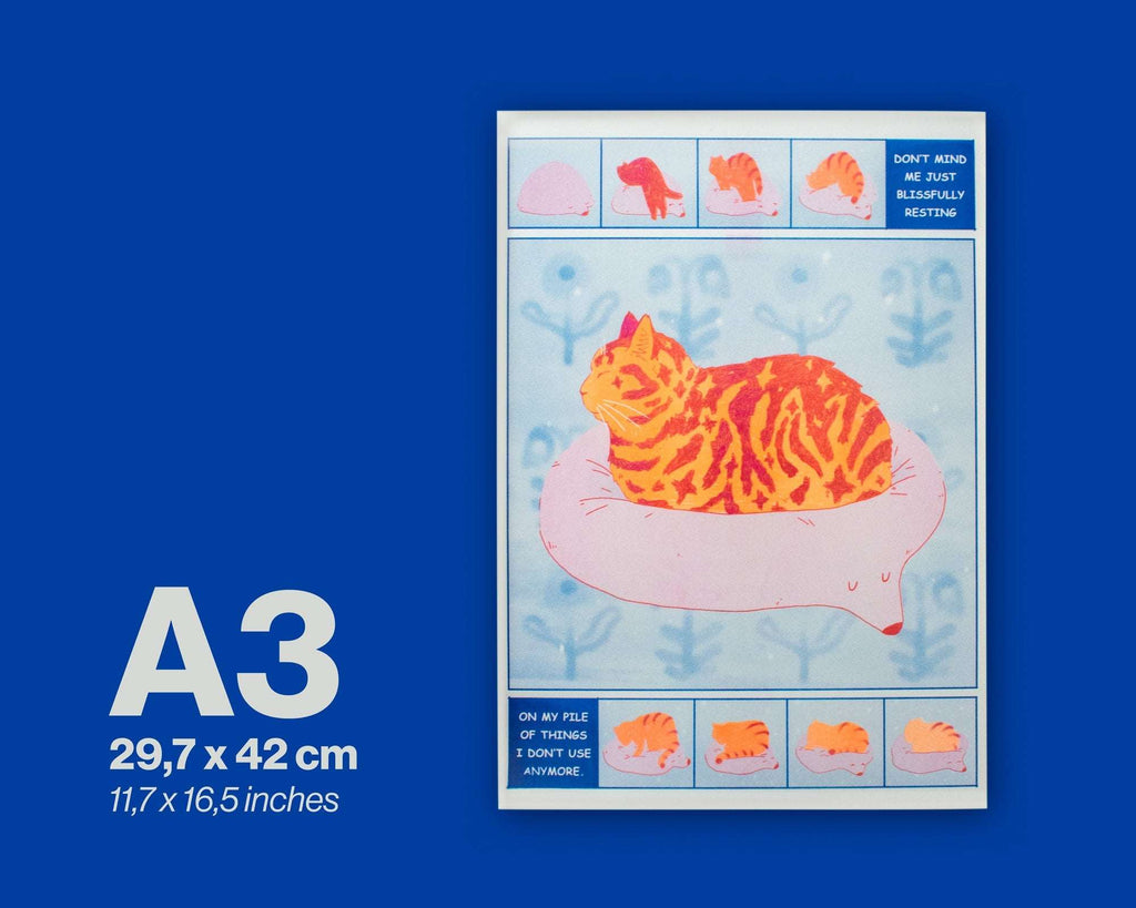 Tabby Cat Risograph Poster: Bliss Comic Illustration A3