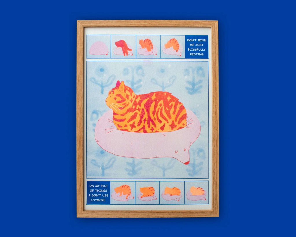 Tabby Cat Risograph Poster: Bliss Comic Illustration A3