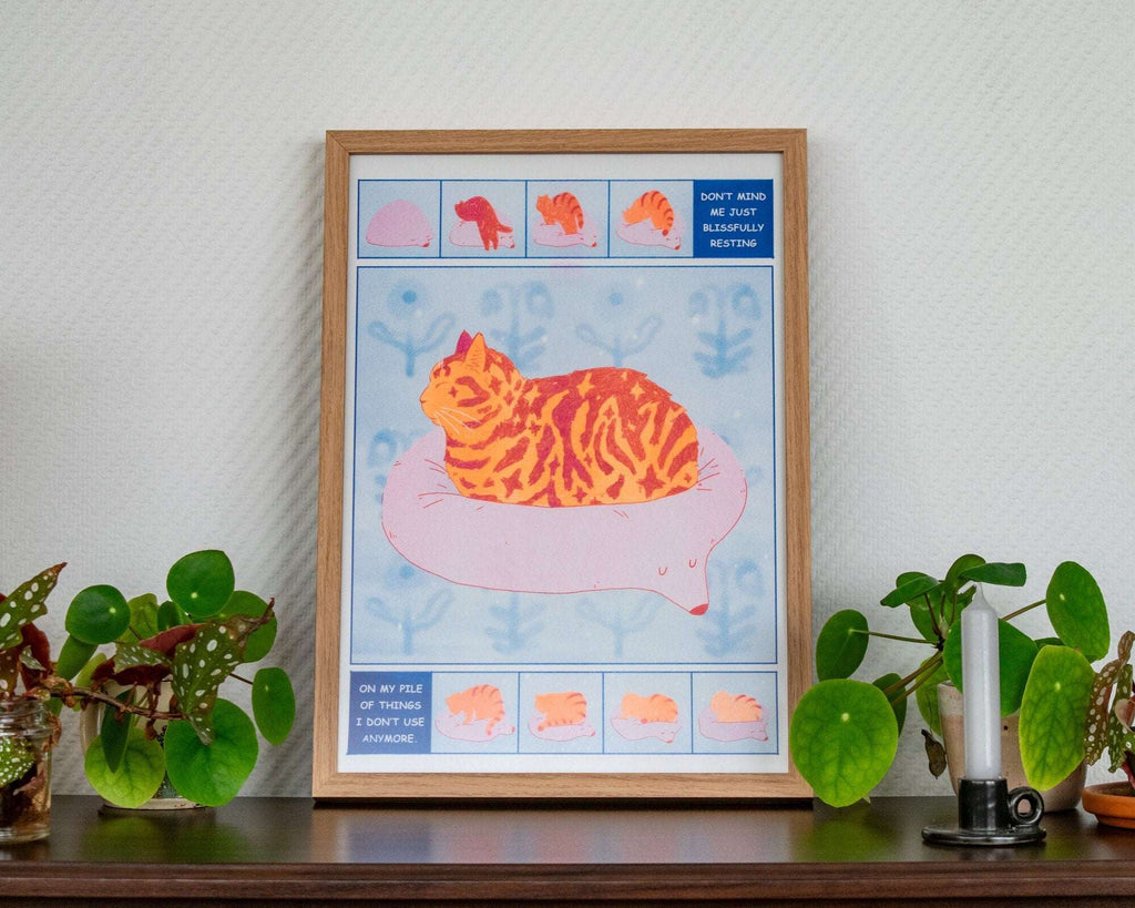 Tabby Cat Risograph Poster: Bliss Comic Illustration A3