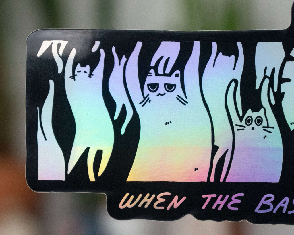 When the bass hits | Holographic Vinyl Stickers with illustration of cats raving for your water bottle, car, Laptop or as gift for DJs