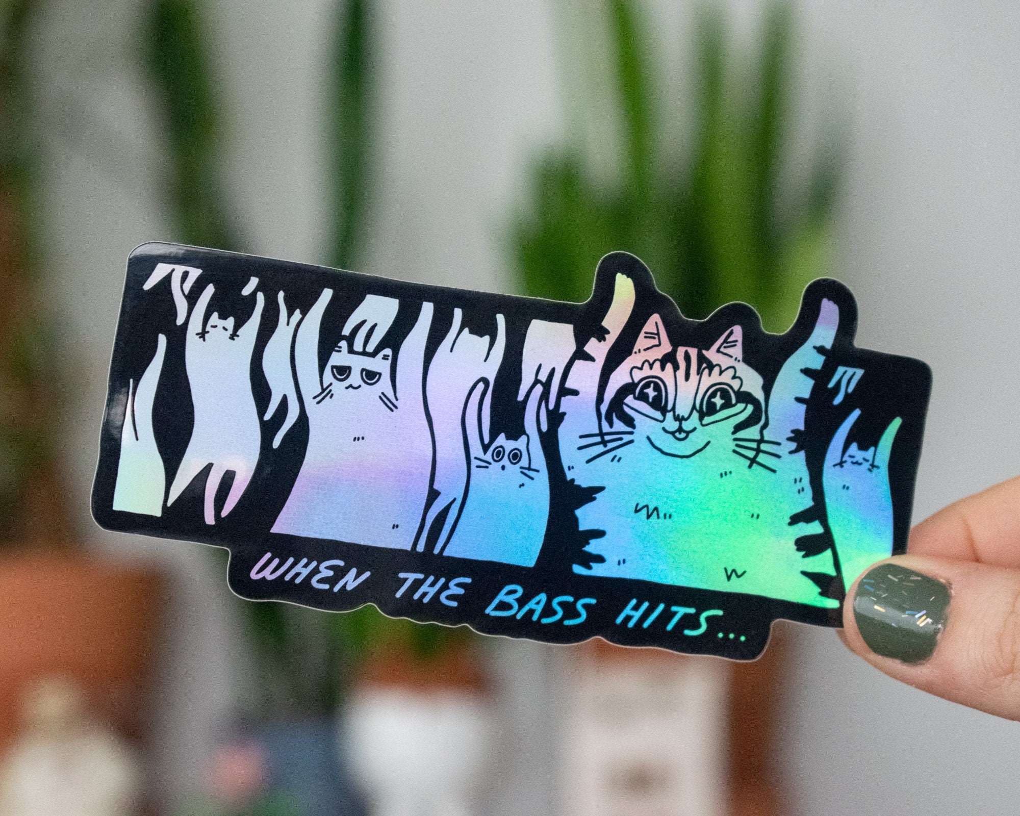 When the bass hits | Holographic Vinyl Stickers with illustration of cats raving for your water bottle, car, Laptop or as gift for DJs