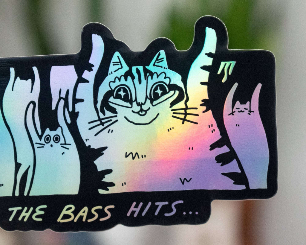 When the bass hits | Holographic Vinyl Stickers with illustration of cats raving for your water bottle, car, Laptop or as gift for DJs