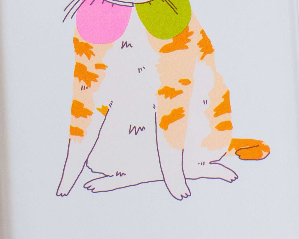 Grumpy Flower A4 Risograph poster | Illustration in fluorescent pink, blue and yellow of an angry looking cat in a flower costume