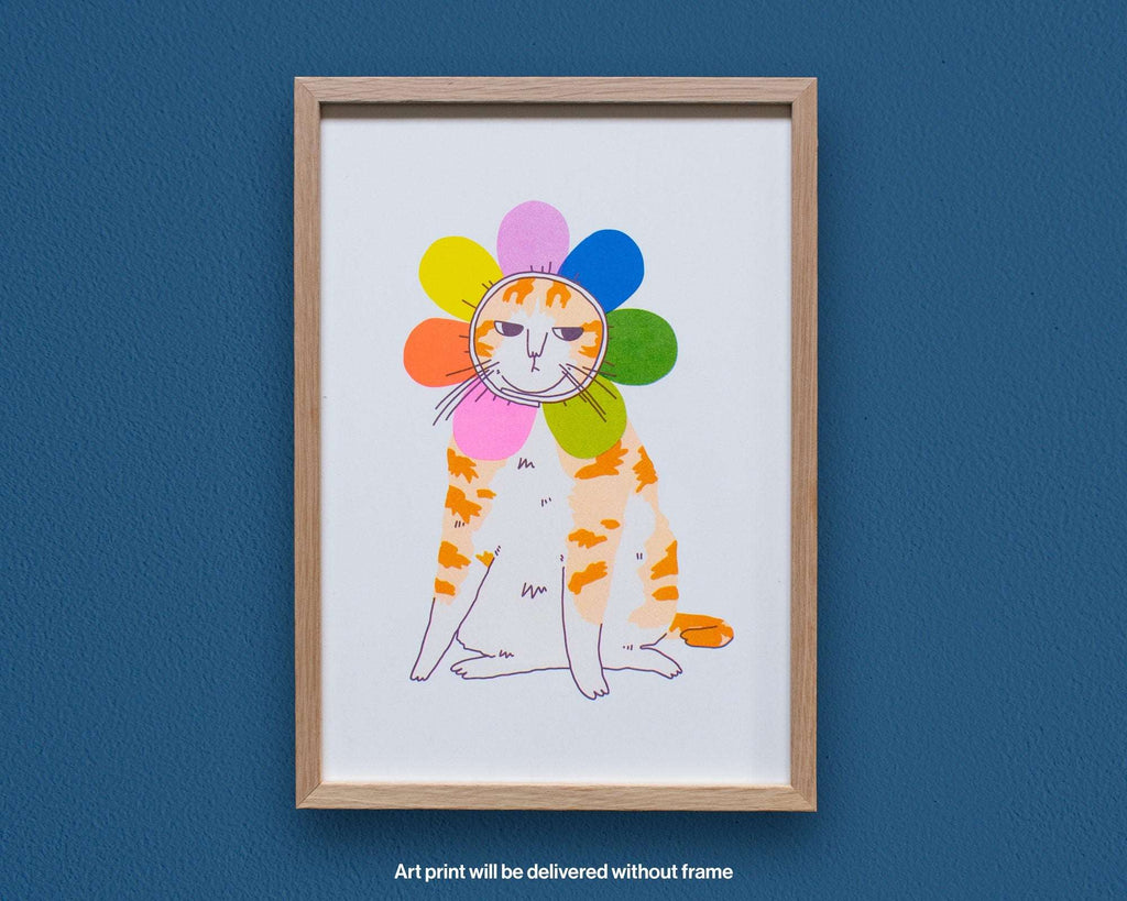 Grumpy Flower A4 Risograph poster | Illustration in fluorescent pink, blue and yellow of an angry looking cat in a flower costume