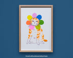 Grumpy Flower A4 Risograph poster | Illustration in fluorescent pink, blue and yellow of an angry looking cat in a flower costume